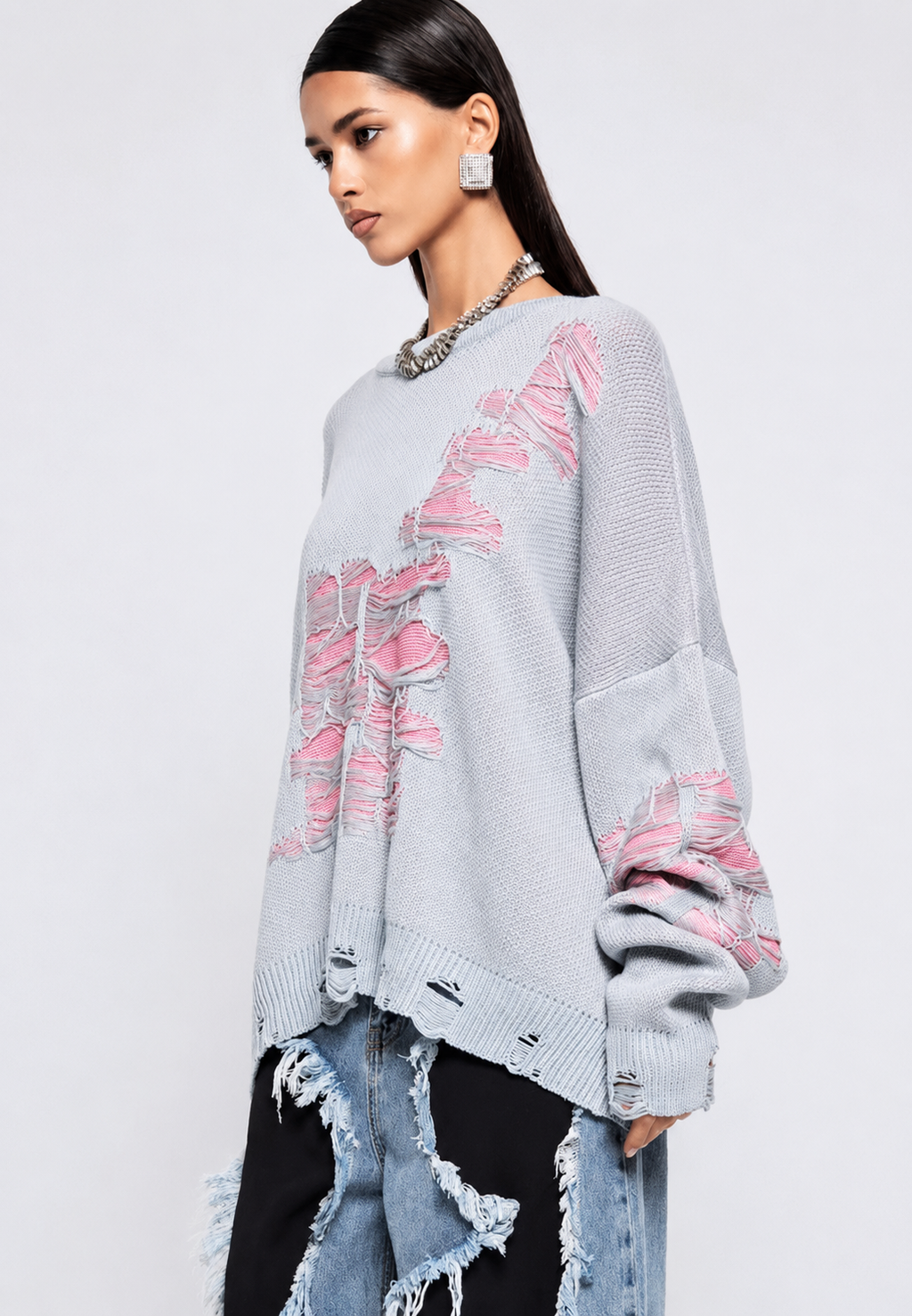 Pull oversize femme mailles ouvertes déchirures décoratives - Vianne