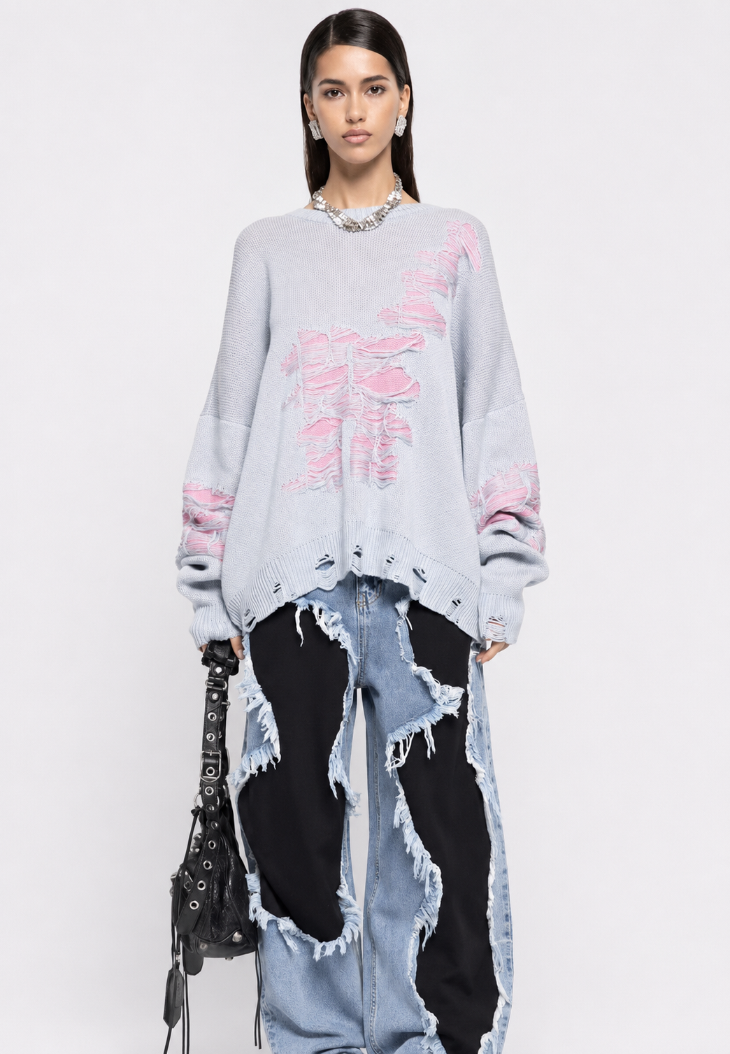 Pull oversize femme mailles ouvertes déchirures décoratives - Vianne