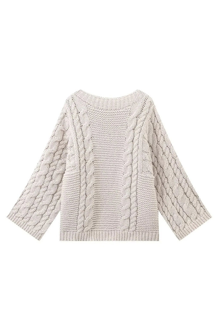 Pull oversize femme maille torsadée manches évasées col montant - Nerina