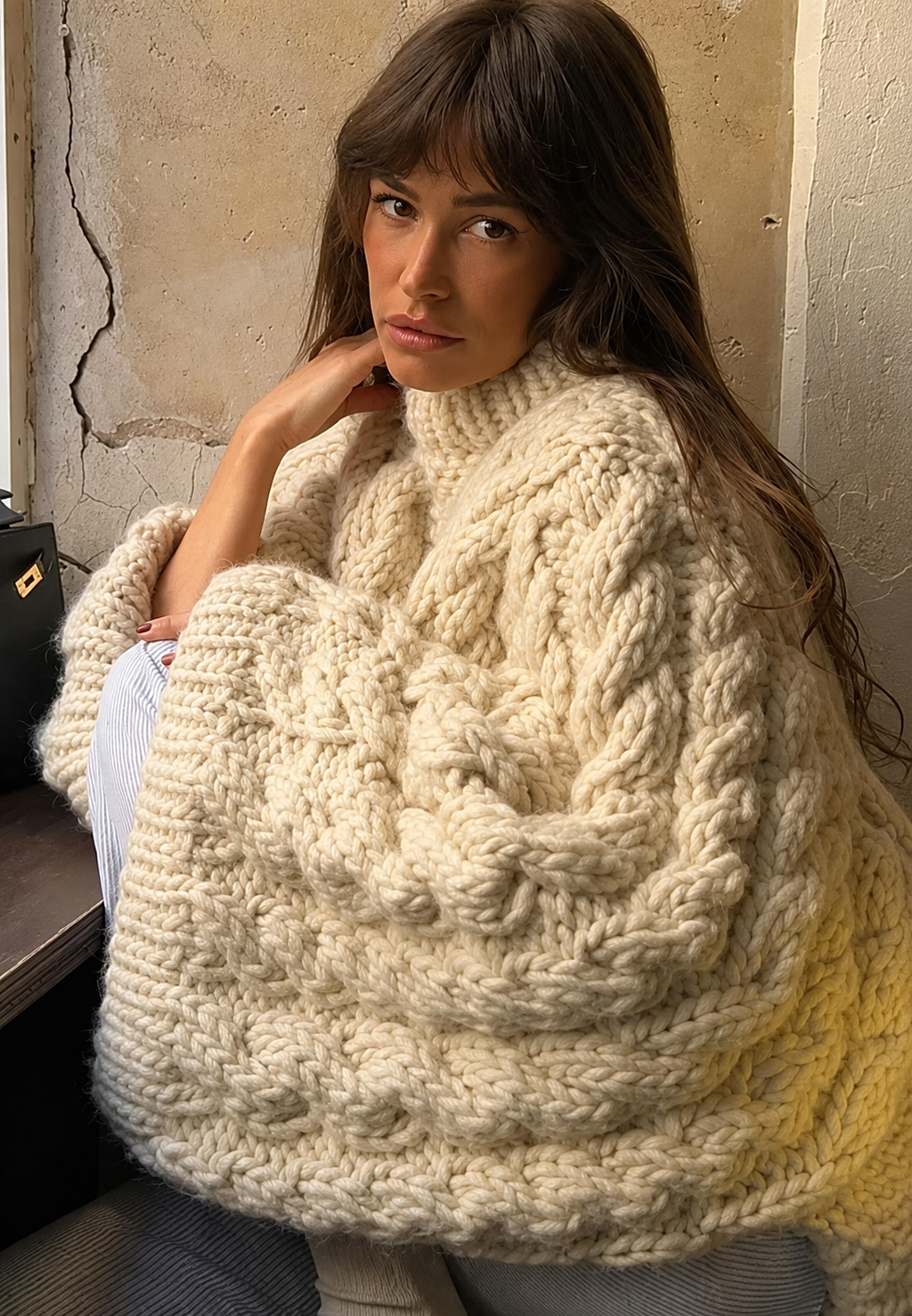 Pull oversize femme maille torsadée manches évasées col montant - Nerina