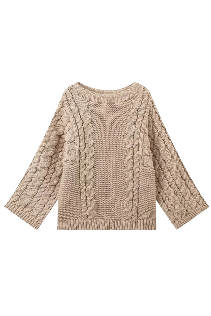 Pull oversize femme maille torsadée manches évasées col montant - Nerina