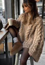 Pull oversize femme maille torsadée manches évasées col montant - Nerina