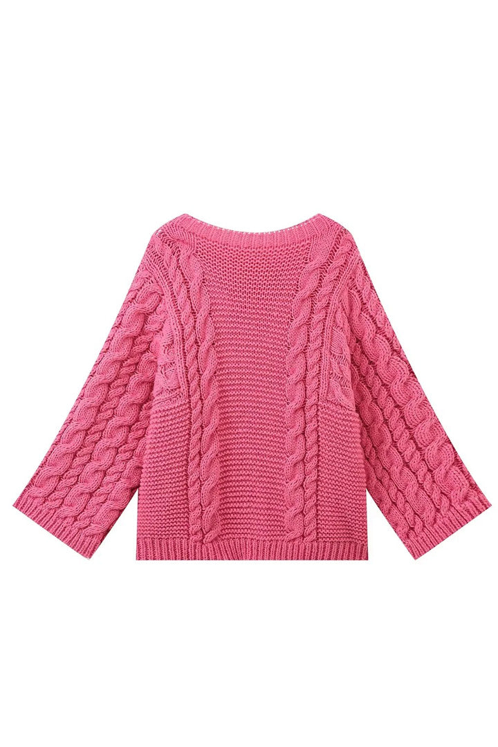 Pull oversize femme maille torsadée manches évasées col montant - Nerina