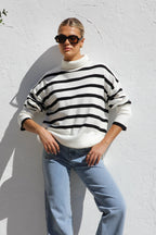 Pull oversize femme rayures col montant maille chaude - Runa