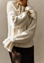 Pull femme maille col volanté manches longues romantique - Capucine