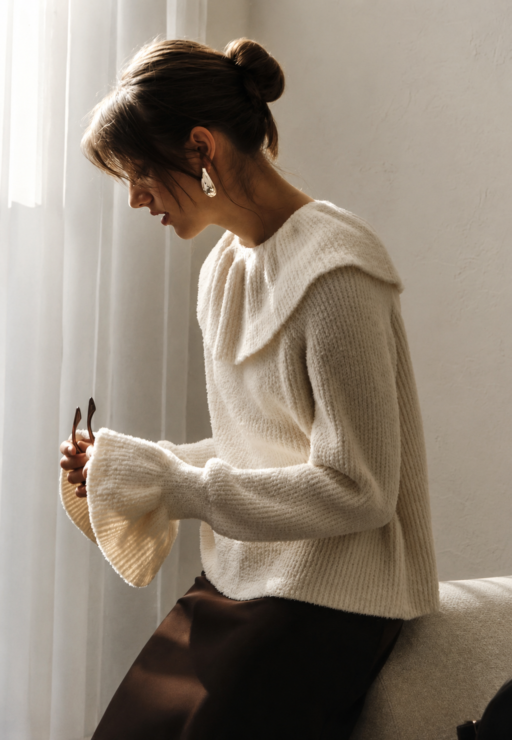 Pull femme maille col volanté manches longues romantique - Capucine