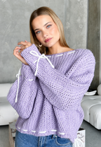 Pull femme maille épaisse encolure bateau nœuds chaud - Léonie