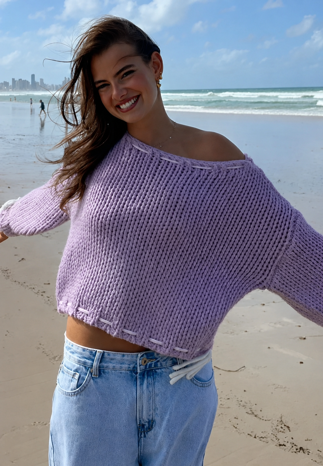 Pull femme maille épaisse encolure bateau nœuds chaud - Léonie