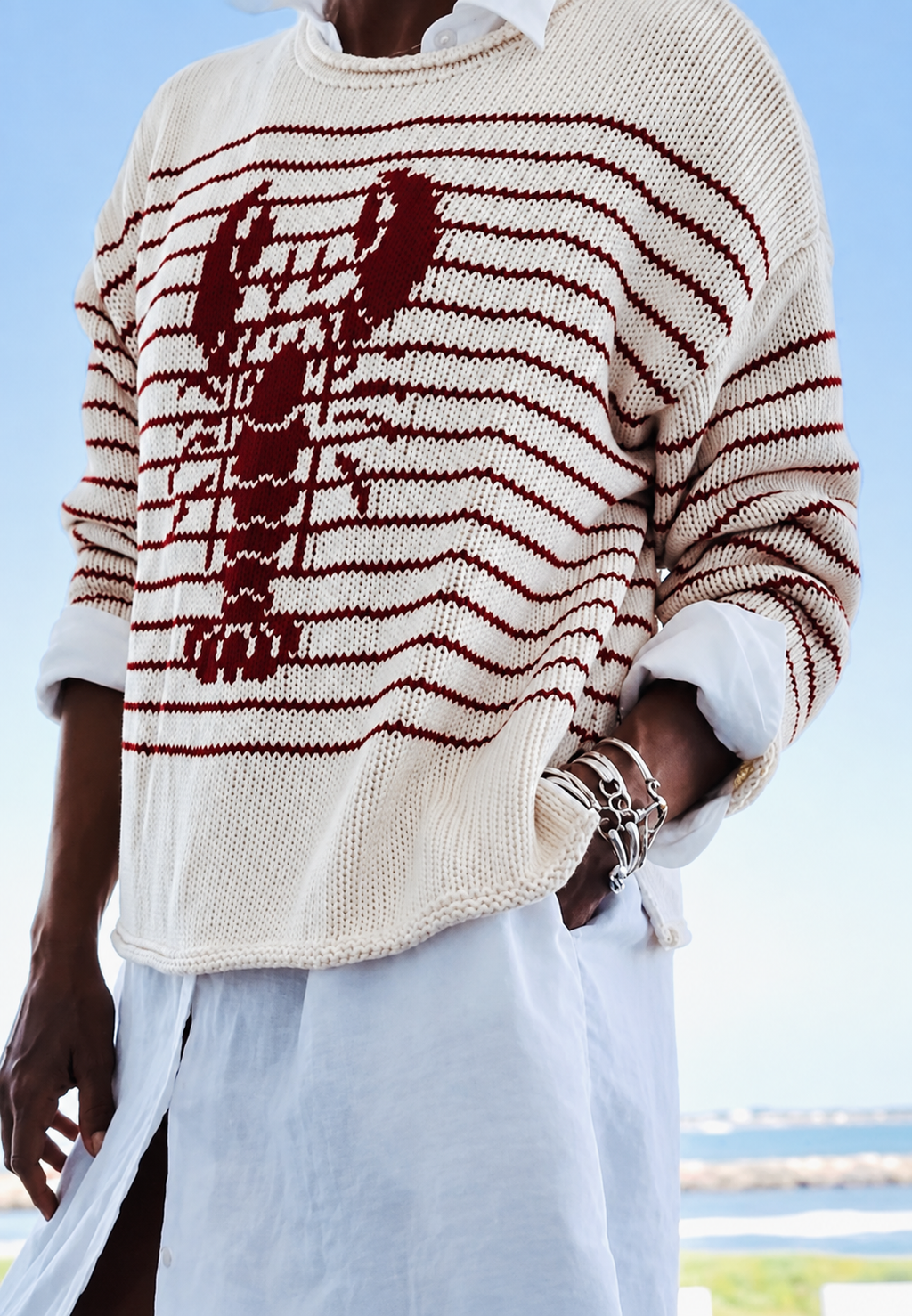 Pull femme rayures motif homard manches longues marin - Agnès