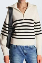Pull femme rayures demi-zip col montant maille sportive - Holly