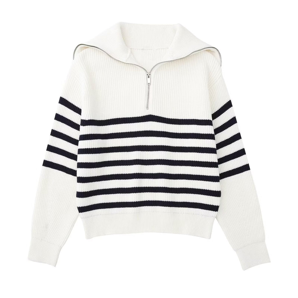 Pull femme rayures demi-zip col montant maille sportive - Holly