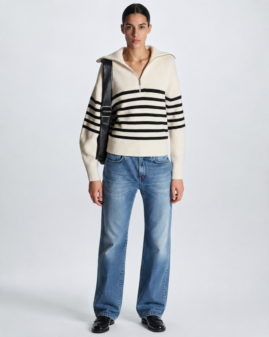 Pull femme rayures demi-zip col montant maille sportive - Holly
