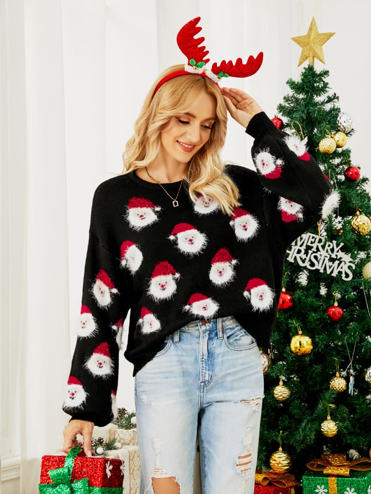Pull de Noël femme manches longues motif Père Noël festif - Narela