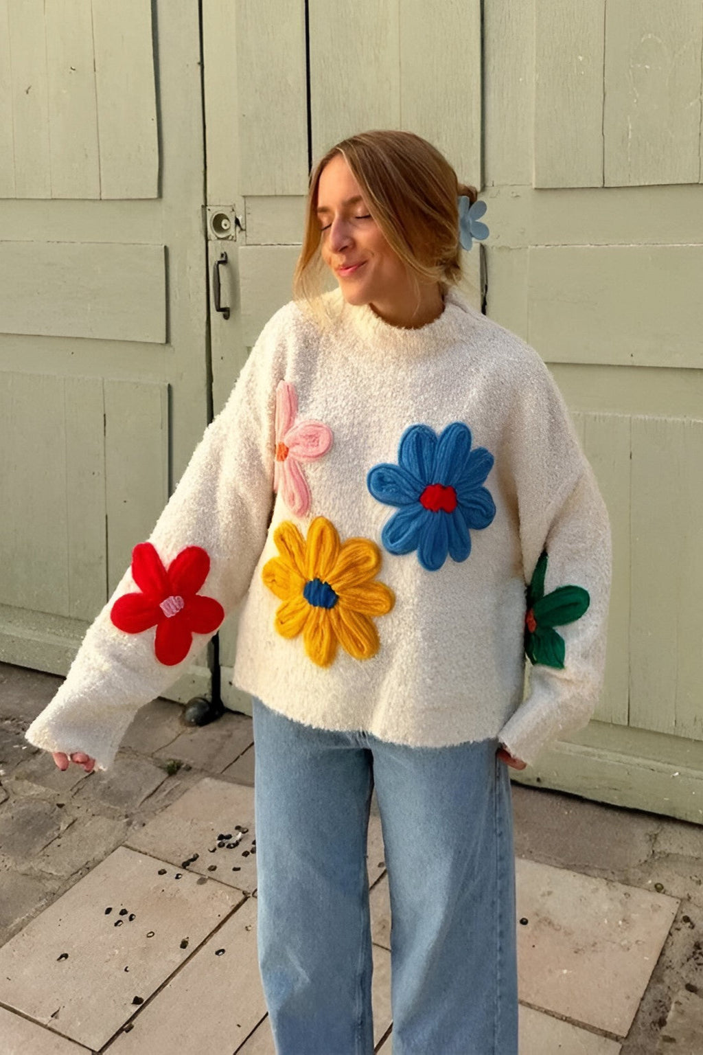 Pull oversize femme maille motifs floraux relief texture - Artelia