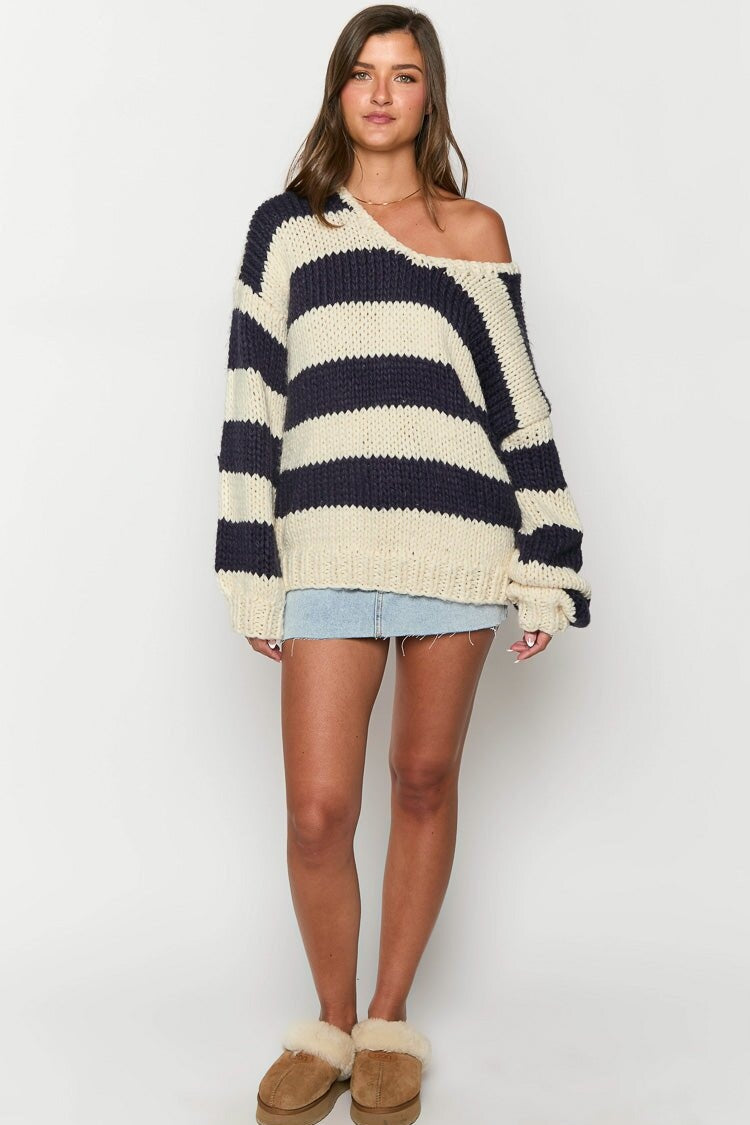 Pull oversize femme rayures épaules dénudées maille ample - Frida