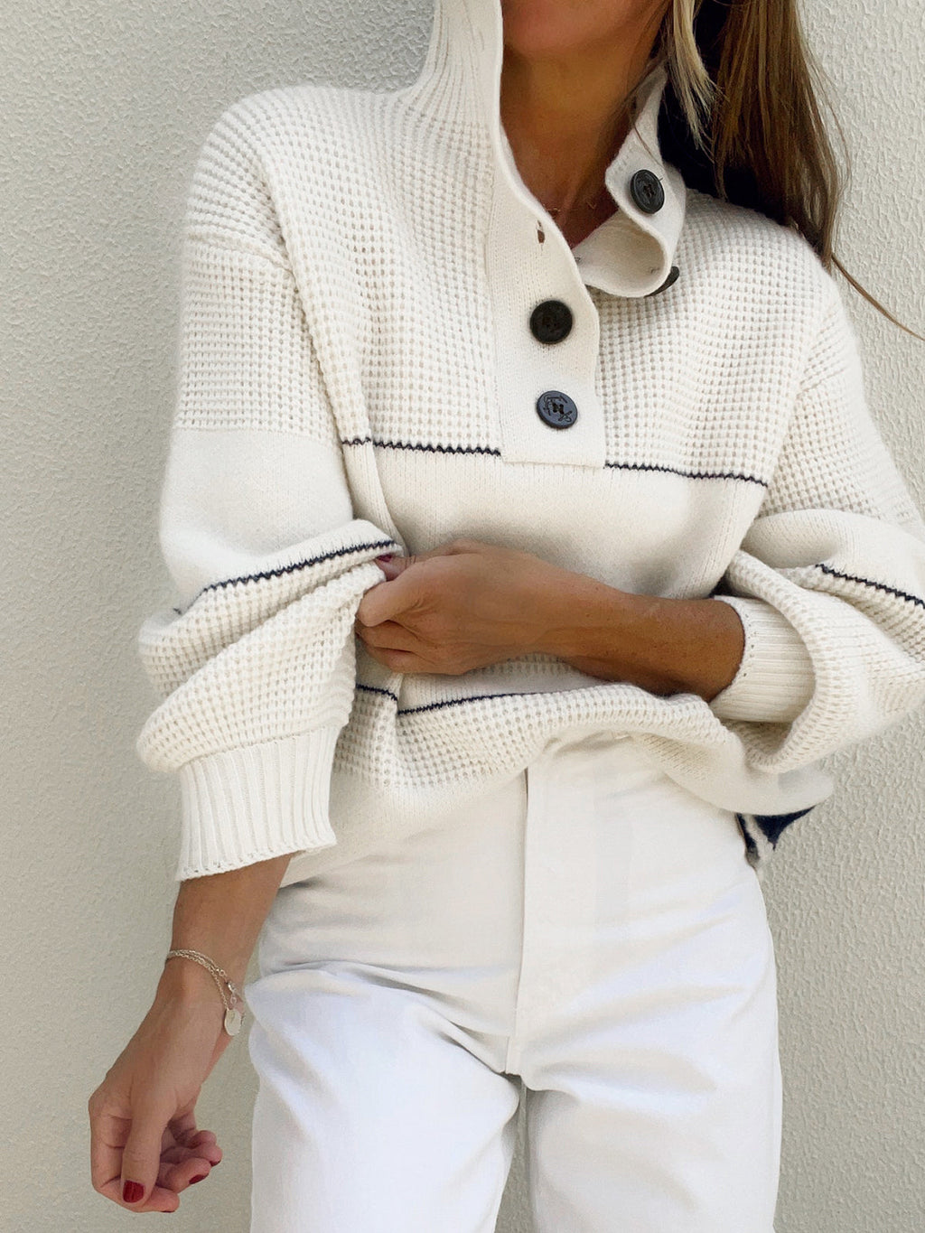 Pull maille femme col montant boutonné rayures horizontales - Nele
