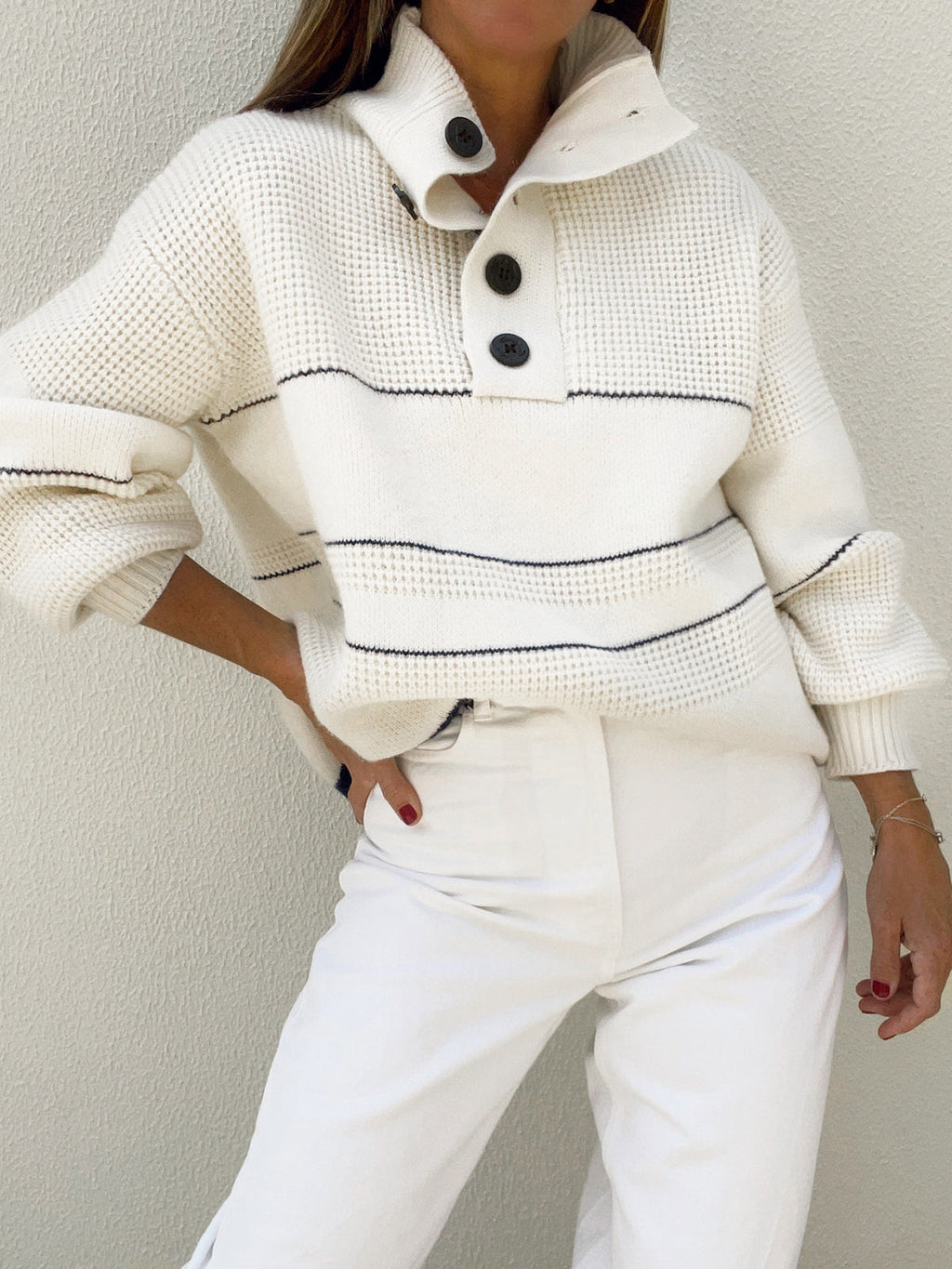 Pull maille femme col montant boutonné rayures horizontales - Nele