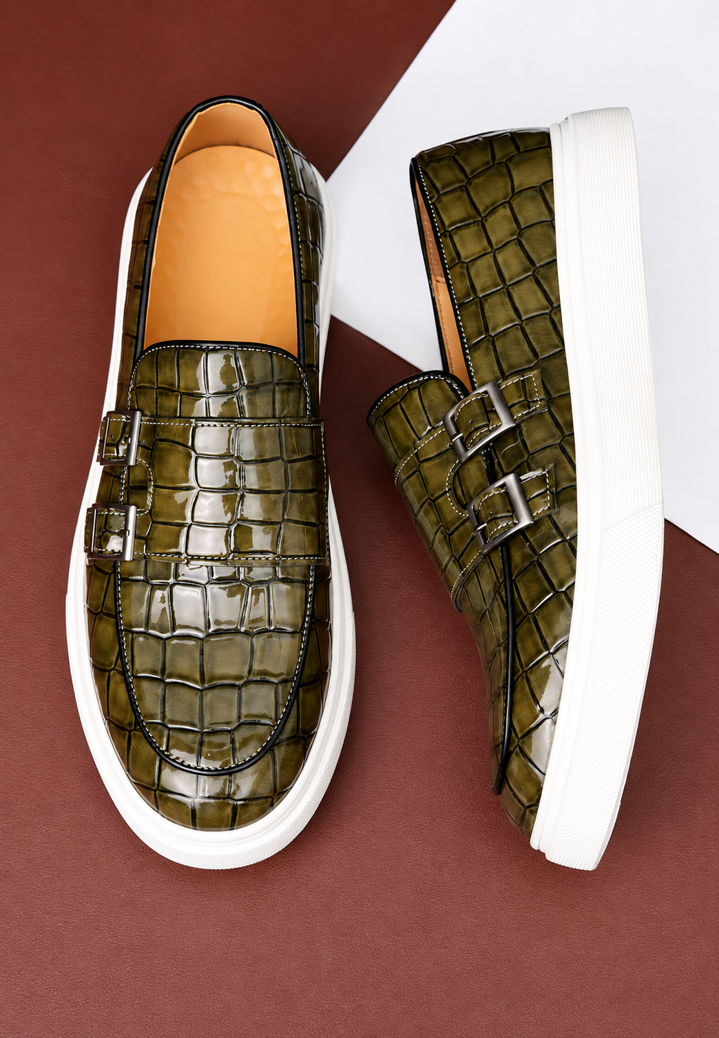 Mocassins homme effet crocodile double boucle semelle blanche - Torben