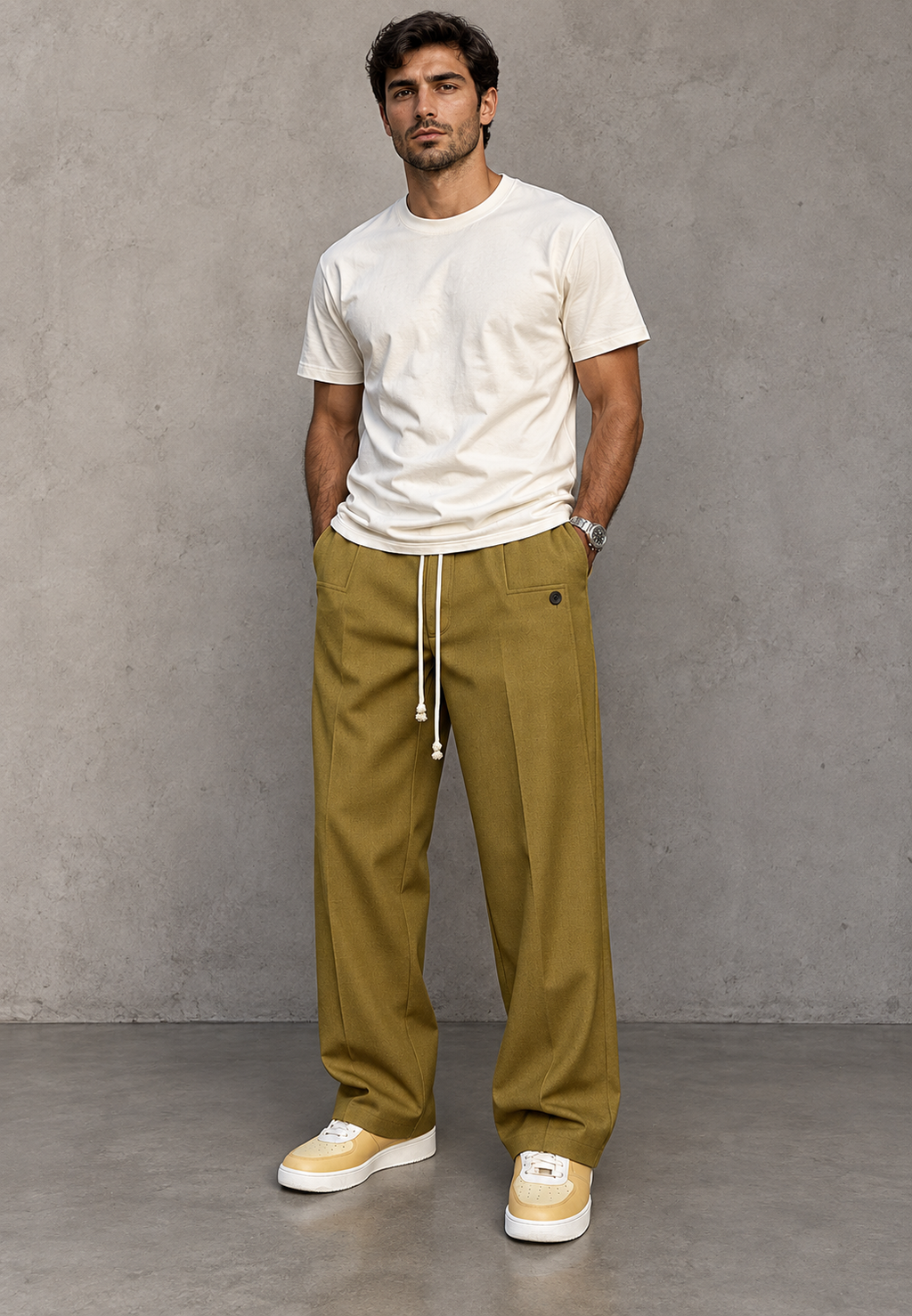 Pantalon large homme pinces taille ajustable coupe fluide - Tavon
