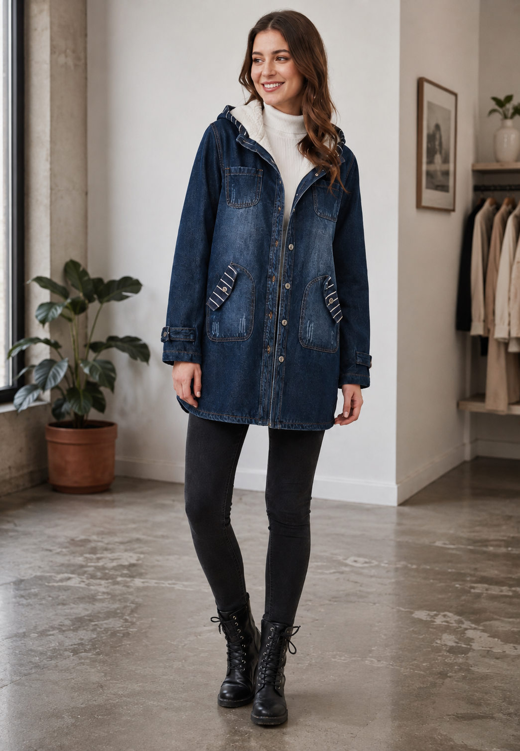 Parka longue denim femme capuche doublure peau de mouton - Freja