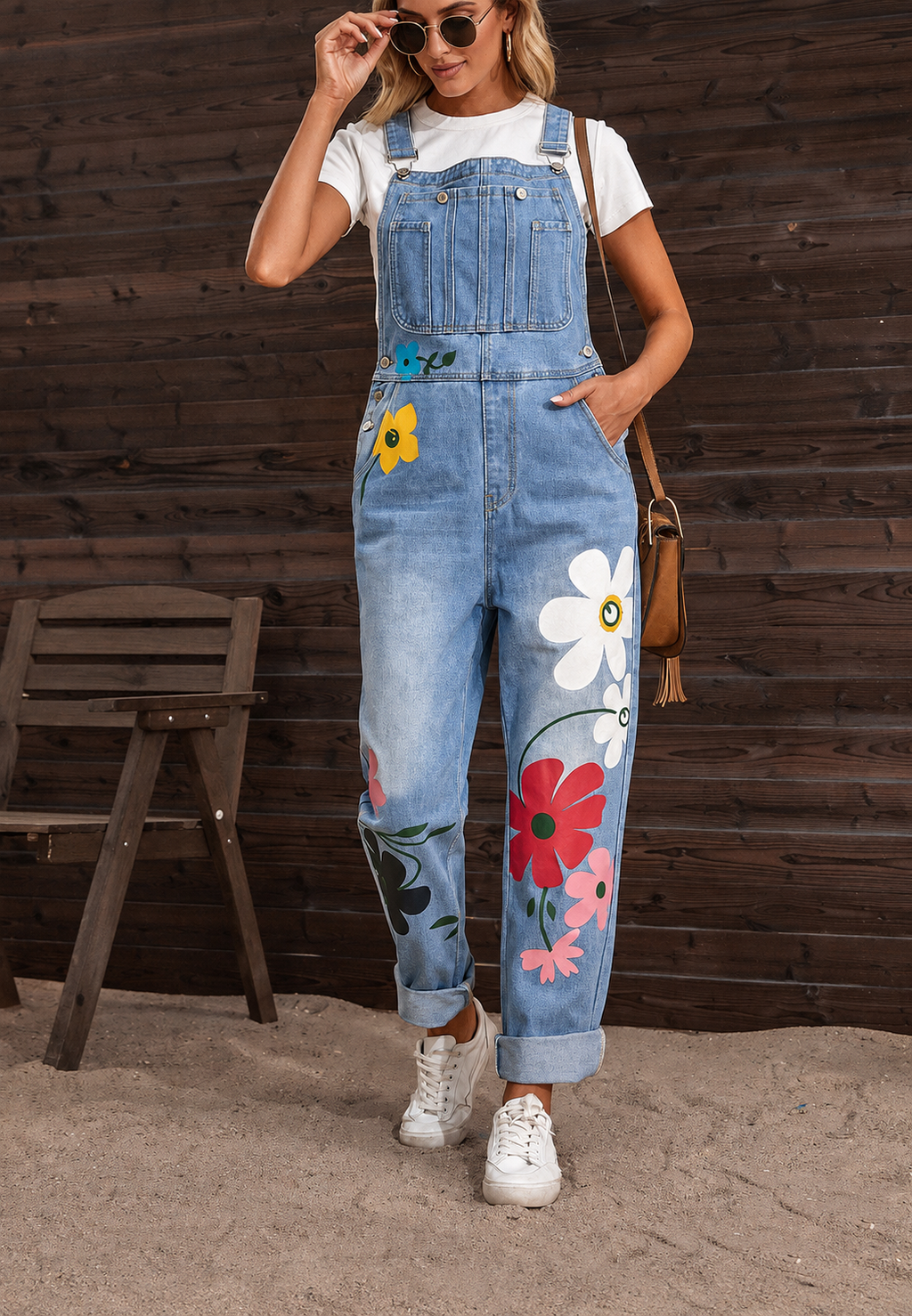 Salopette jean femme imprimé floral denim décontractée - Wendy