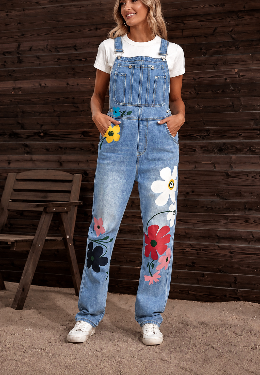 Salopette jean femme imprimé floral denim décontractée - Wendy