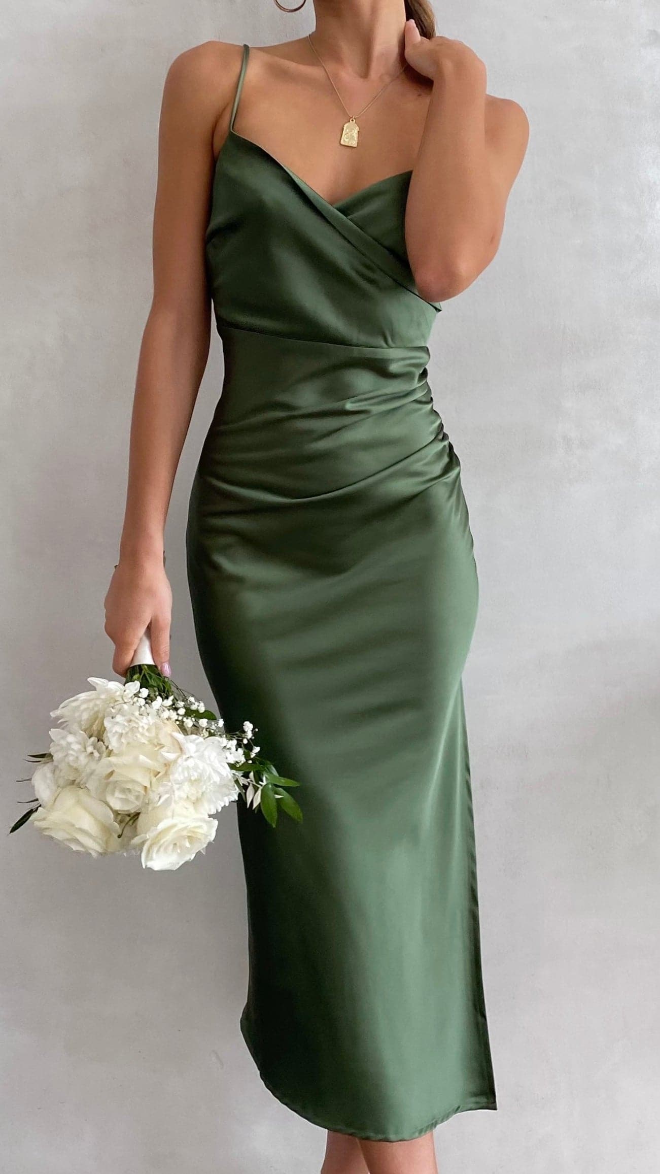 Vestido midi satinado mujer escote cruzado drapeado tirantes regulables abertura - Jessica
