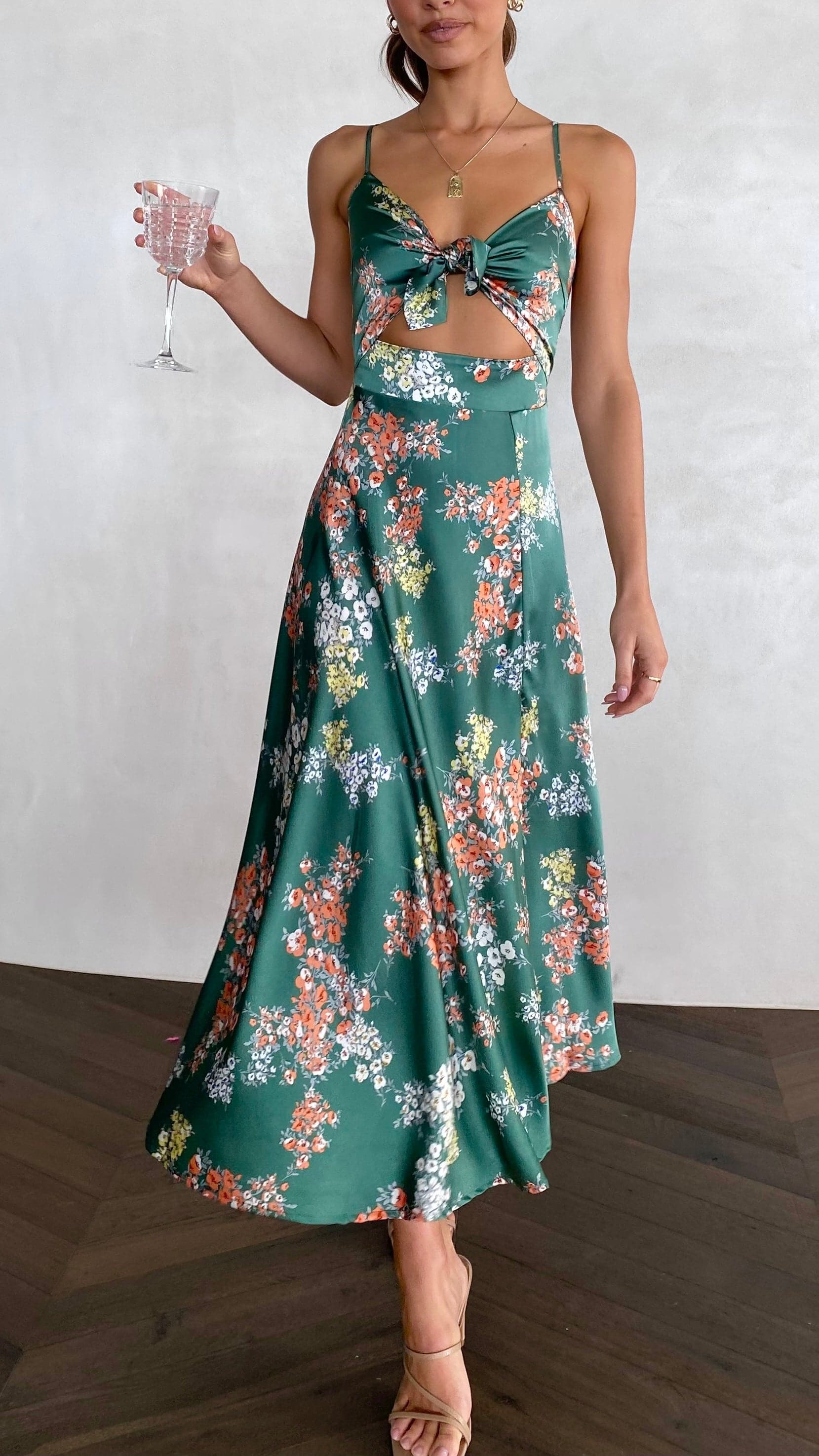 Vestido midi floral mujer escote anudado tirantes regulables cintura ajustada - Loisa