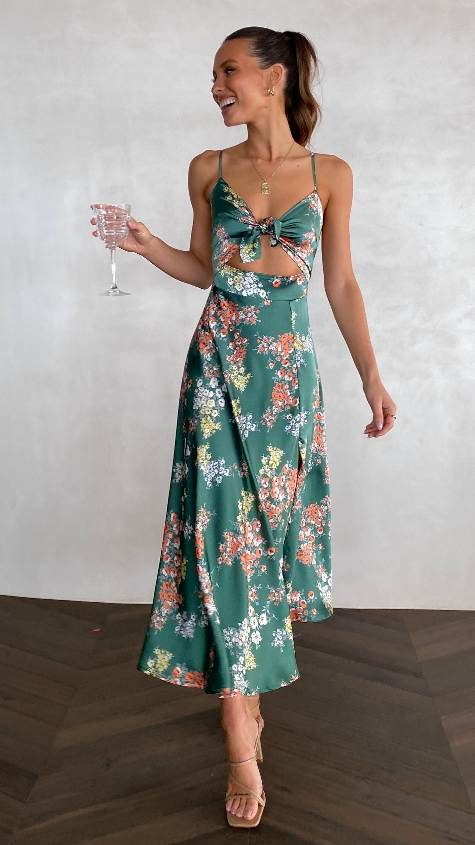 Vestido midi floral mujer escote anudado tirantes regulables cintura ajustada - Loisa