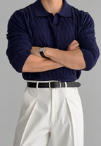 Polo maille homme manches longues motif tressé col ouvert - Eamon
