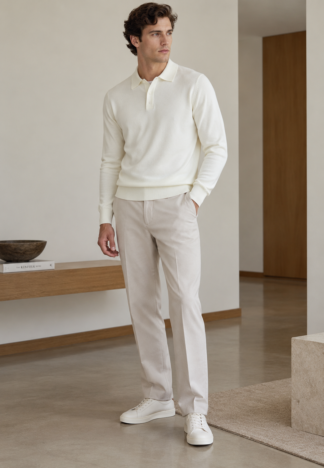 Polo punto hombre mezcla lana cuello abierto manga larga liso versátil otoño - Gaël