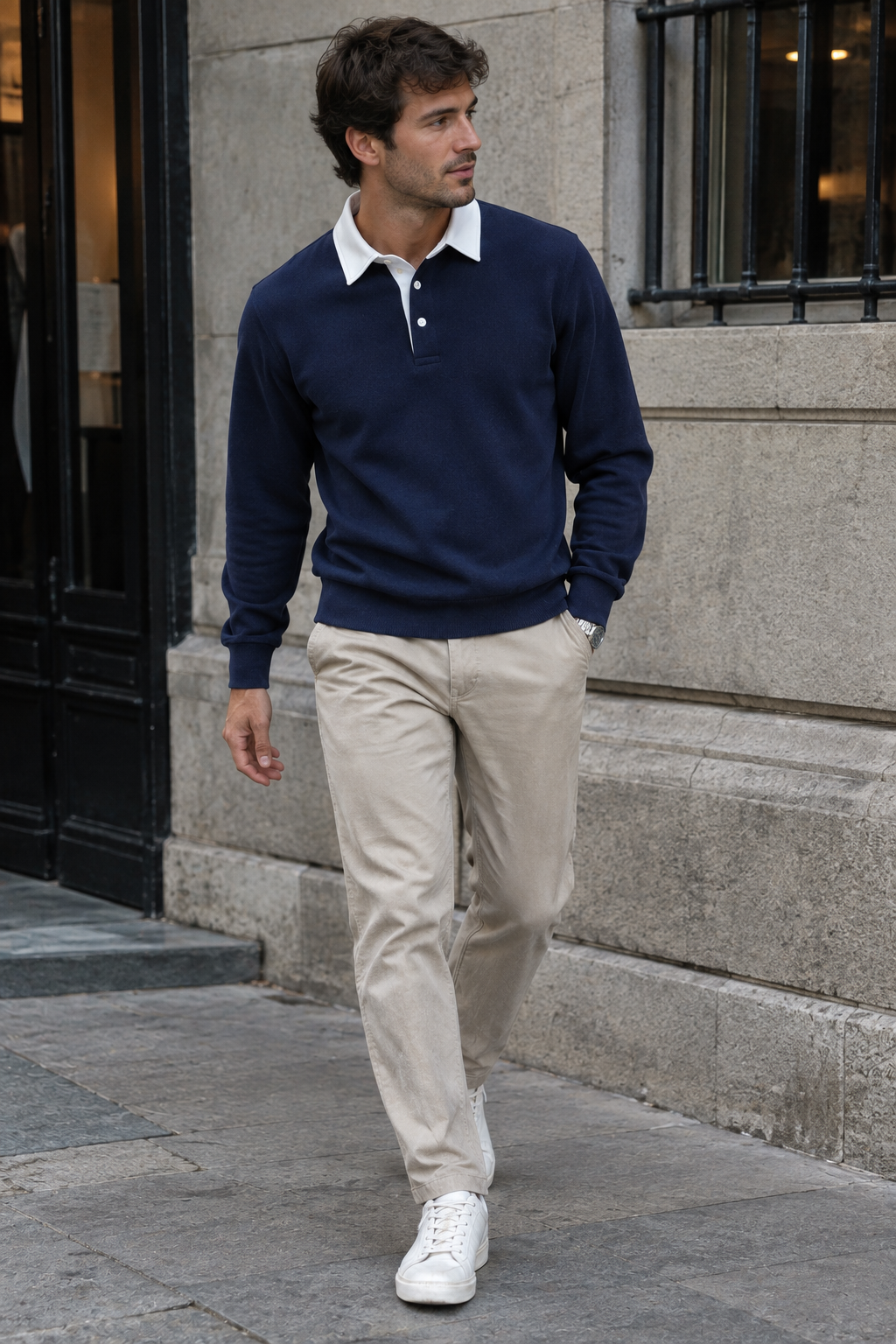 Polo homme manches longues col contrasté boutonnage court - Cassian