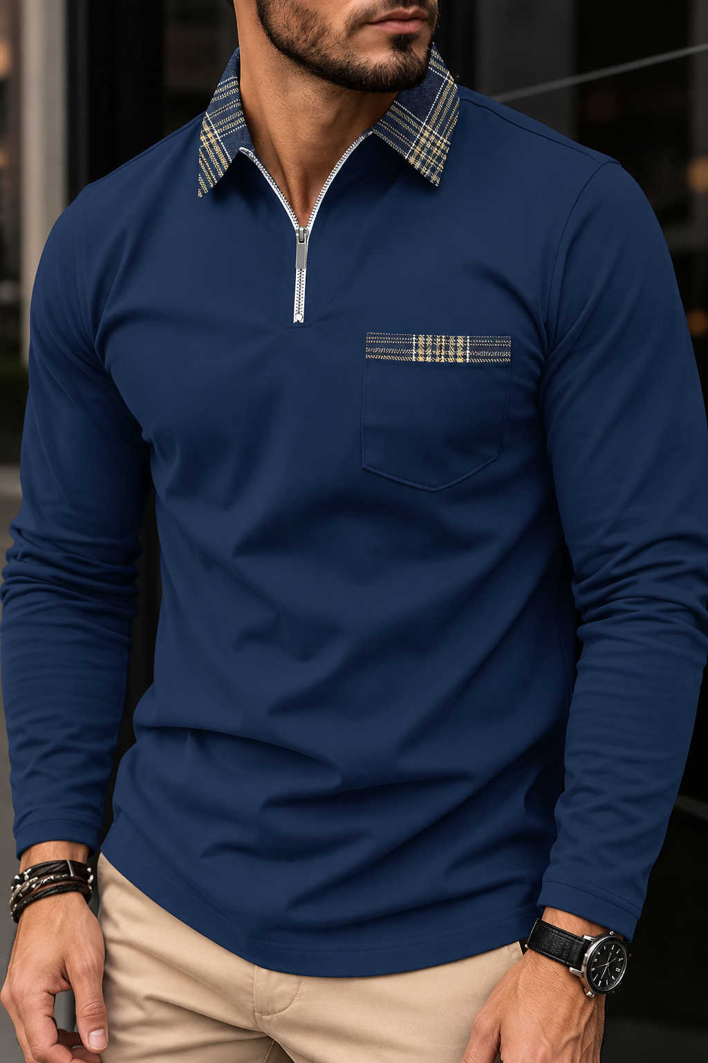 Polo homme manches longues demi-zip col à carreaux maille - Sören