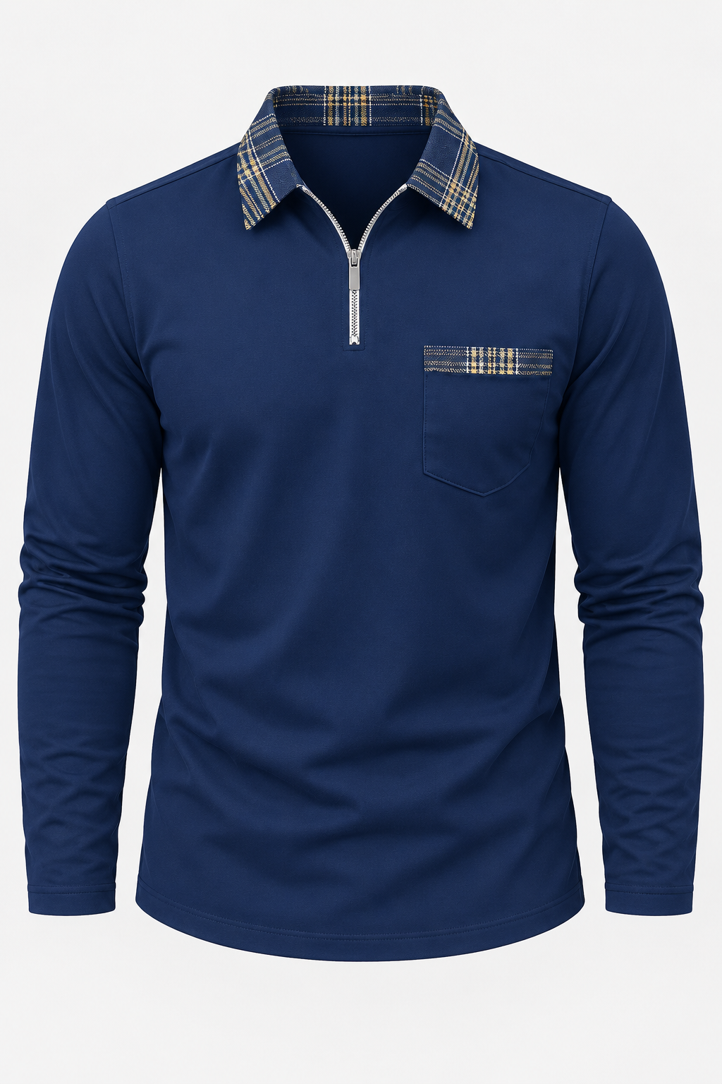 Polo homme manches longues demi-zip col à carreaux maille - Sören
