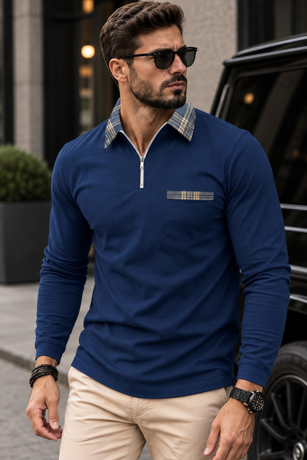 Polo homme manches longues demi-zip col à carreaux maille - Sören