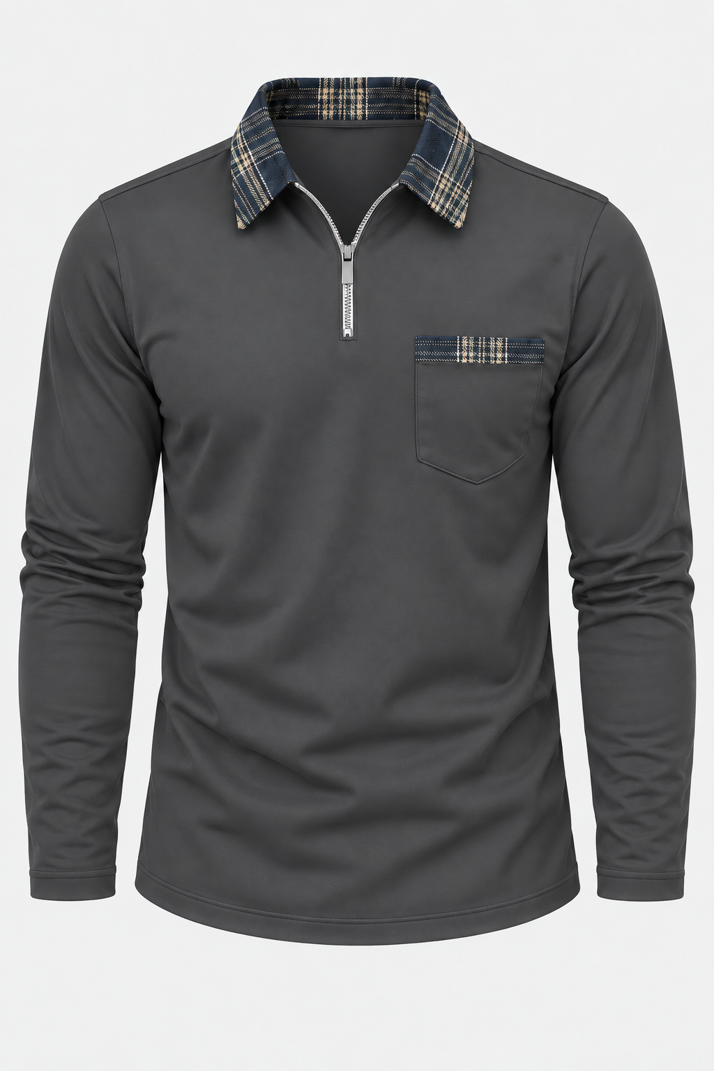 Polo homme manches longues demi-zip col à carreaux maille - Sören