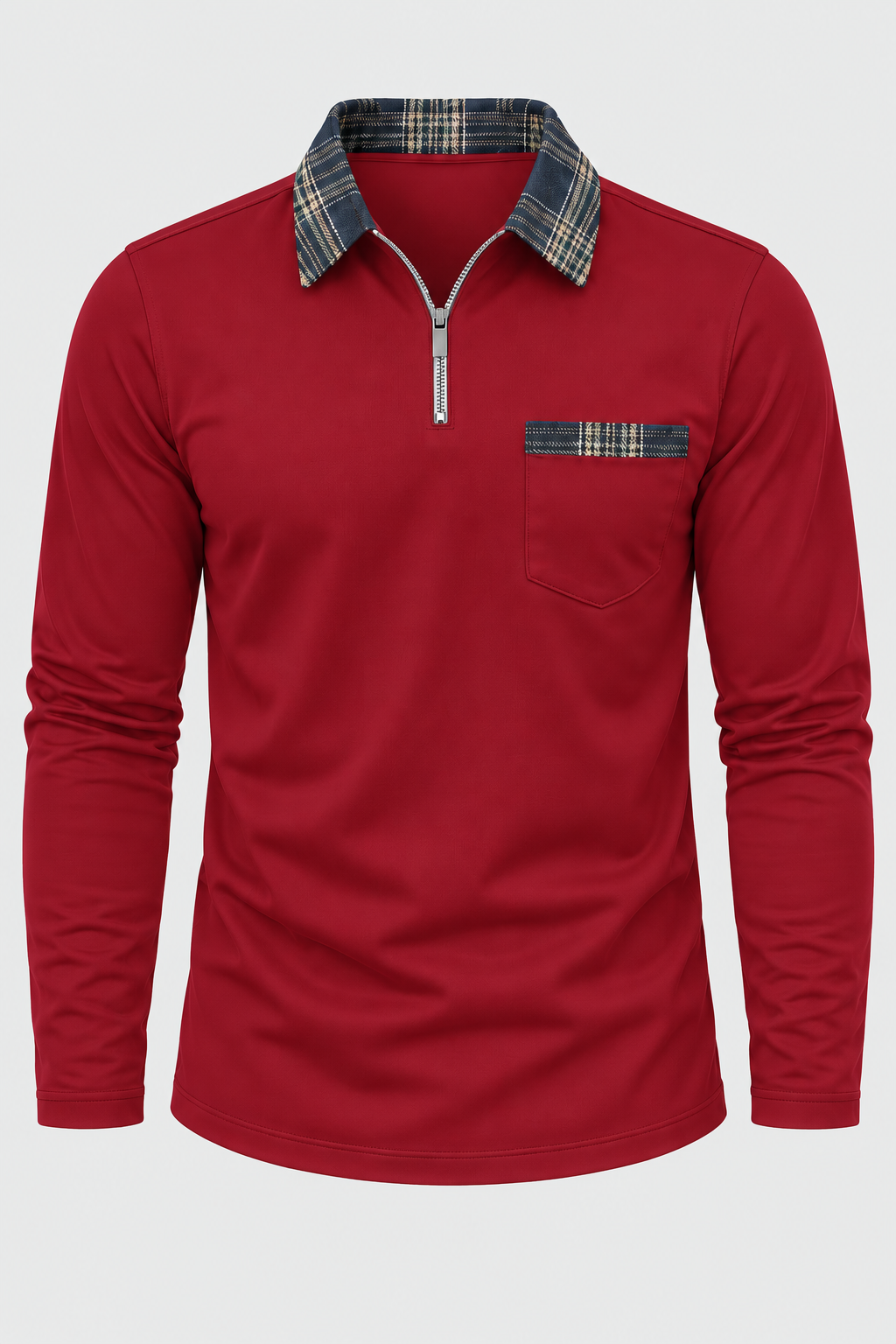Polo homme manches longues demi-zip col à carreaux maille - Sören