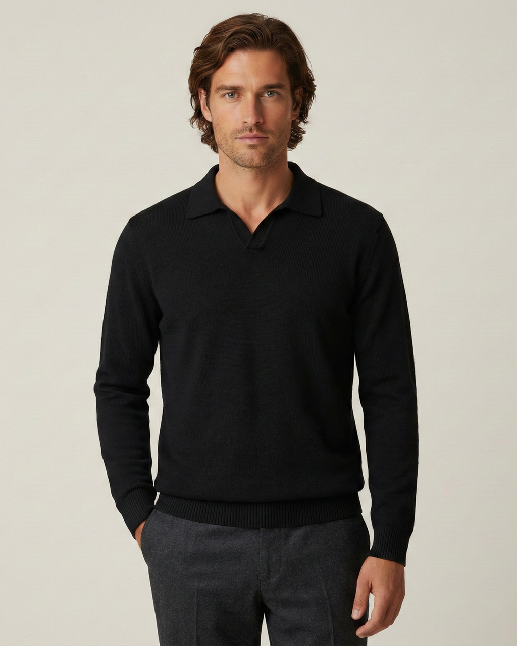 Polo homme manches longues maille unie col ouvert décontracté - Elian