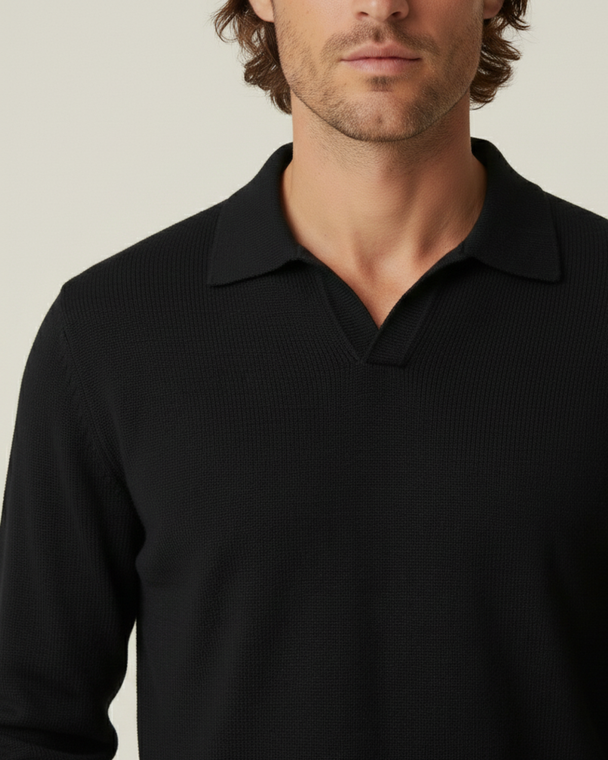 Polo homme manches longues maille unie col ouvert décontracté - Elian