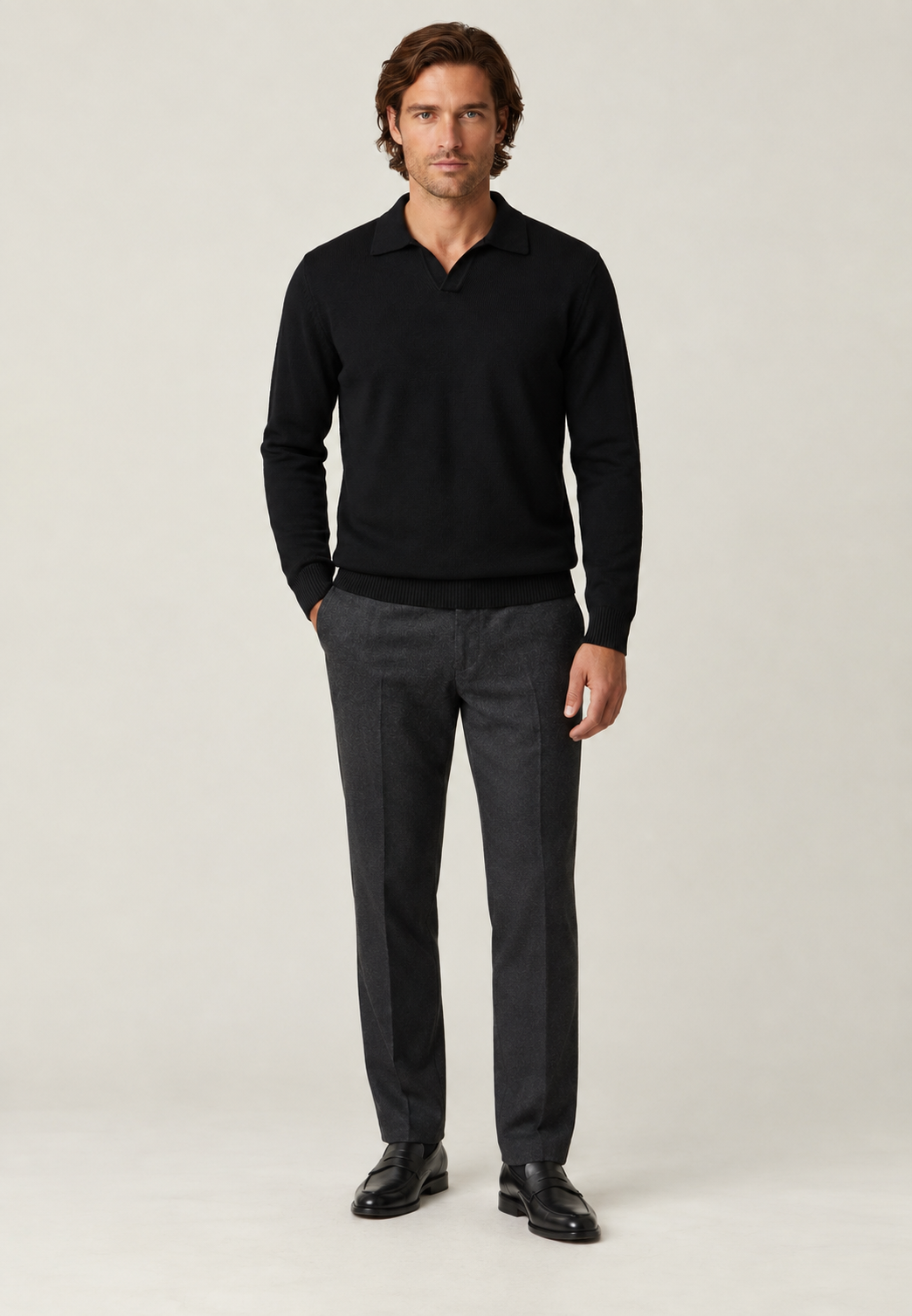 Polo homme manches longues maille unie col ouvert décontracté - Elian