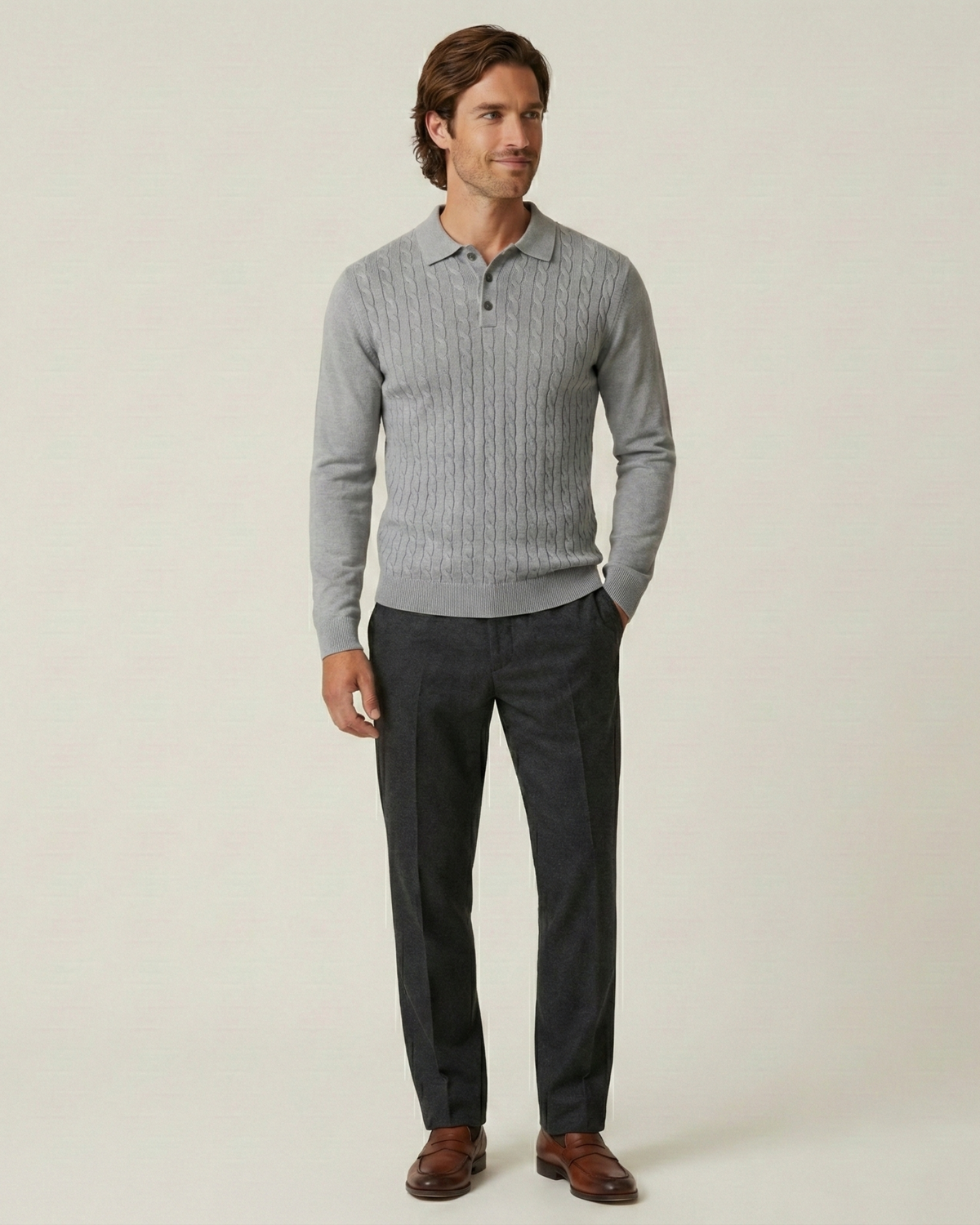 Polo homme manches longues maille torsadée col classique - Teo