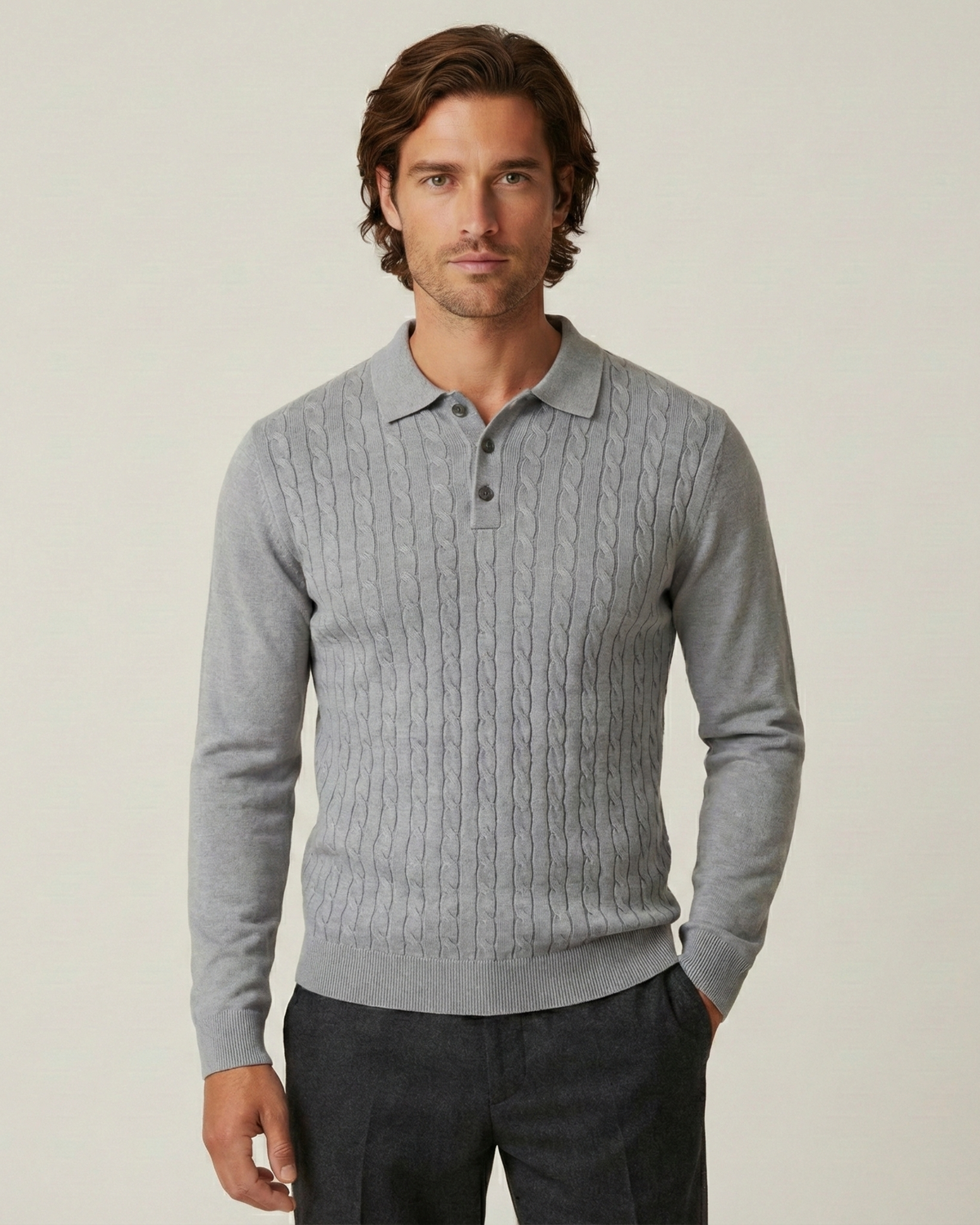 Polo homme manches longues maille torsadée col classique - Teo