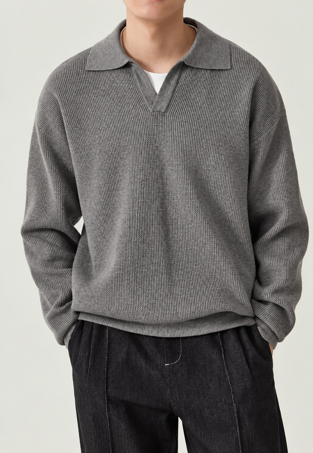 Polo homme maille texturée col ouvert manches longues - Kael