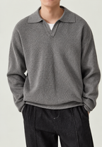 Polo homme maille texturée col ouvert manches longues - Kael