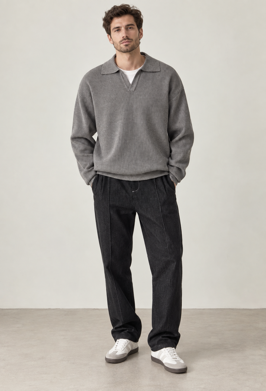 Polo homme maille texturée col ouvert manches longues - Kael
