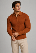 Polo homme maille texturée demi-zip manches longues tricot - Lior