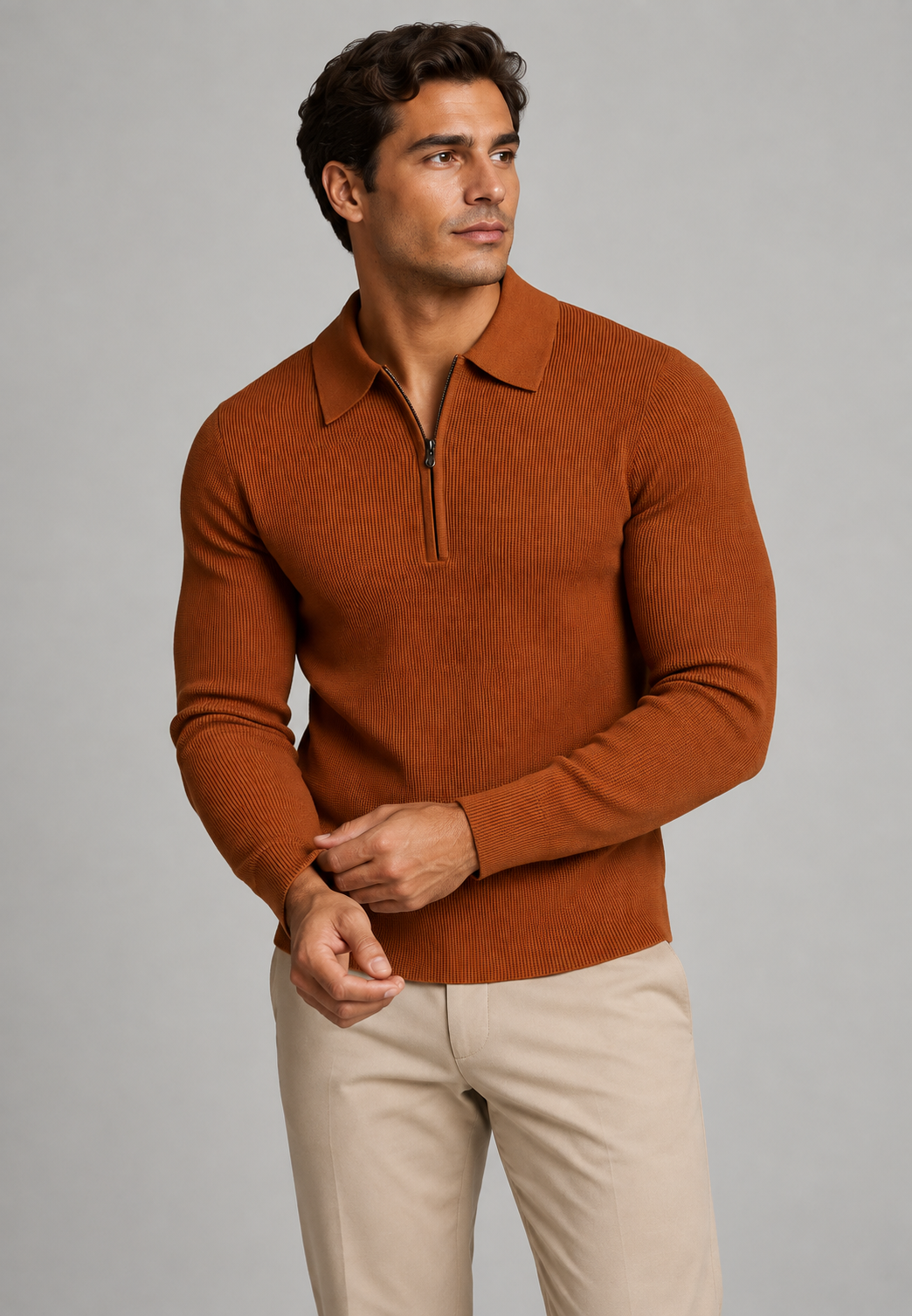 Polo homme maille texturée demi-zip manches longues tricot - Lior