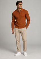 Polo homme maille texturée demi-zip manches longues tricot - Lior