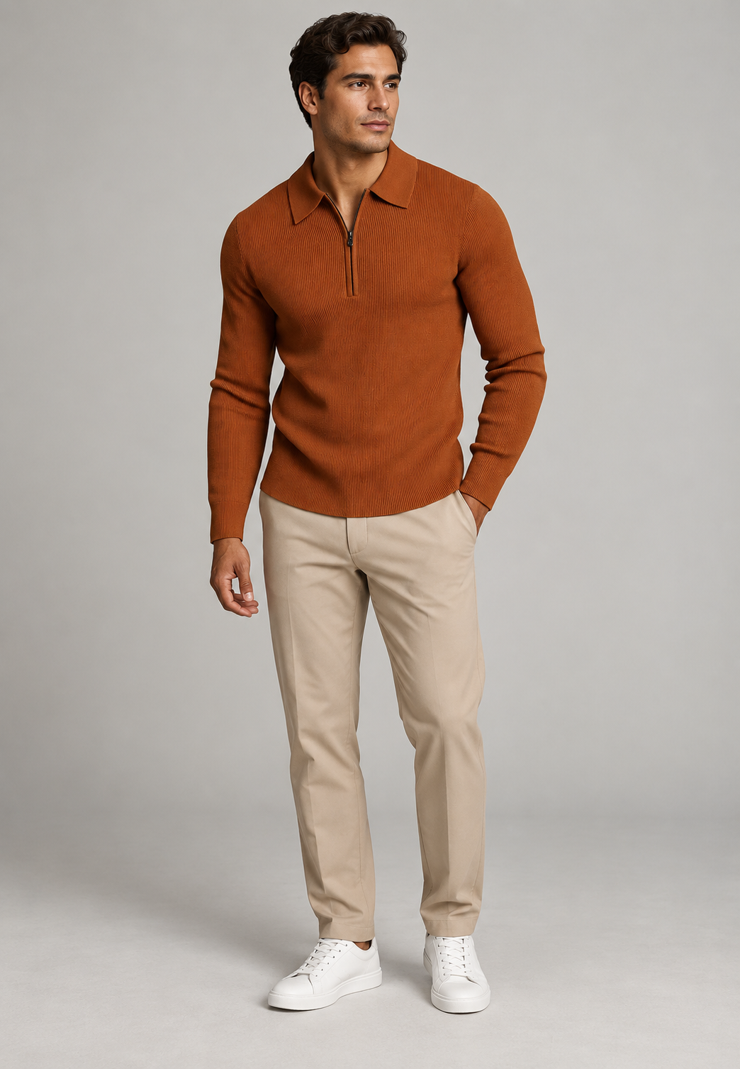 Polo homme maille texturée demi-zip manches longues tricot - Lior