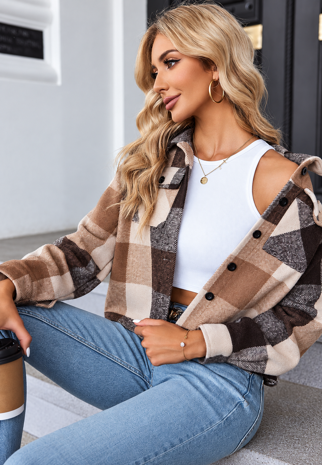 Chaqueta cuadros mujer corta cuello camisero bolsillos botones casual entretiempo - Nadorine